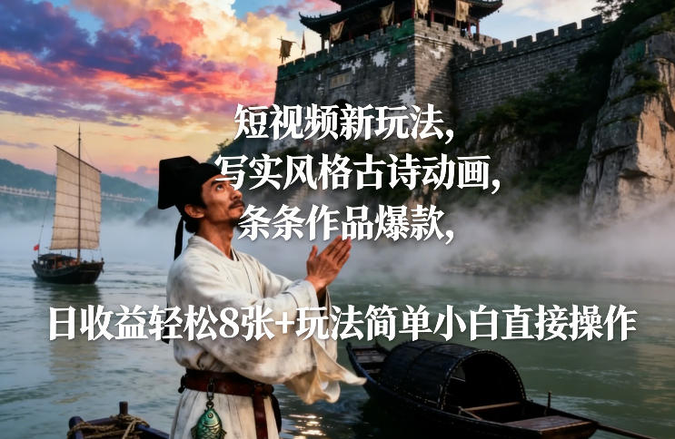 短视频新玩法，写实风格古诗动画，条条作品爆款，日收益轻松8张+玩法简单小白直接操作-资源后花园