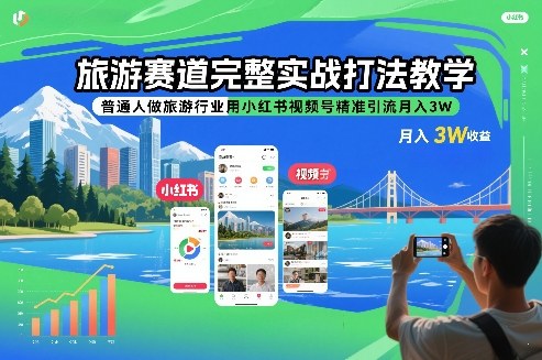 旅游赛道完整实战打法教学，普通人做旅游行业用小红书视频号精准引流月入3W-资源后花园