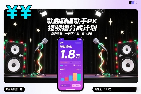 歌曲翻唱歌手PK视频撸分成计划，自带流量，一天两小时，日入2张-资源后花园