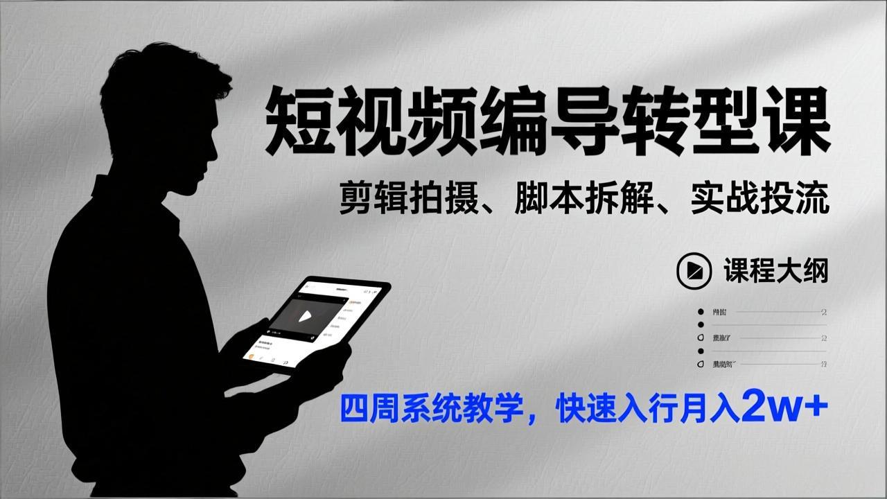 短视频编导转型课，剪辑拍摄、脚本拆解、实战投流，四周系统教学，快速入行月入2w+-资源后花园