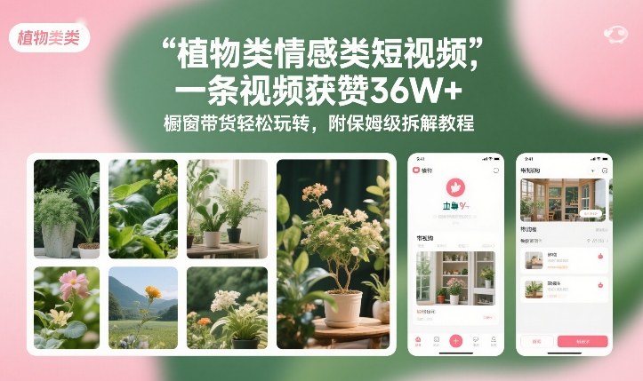 植物类情感类短视频，一条视频获赞36W+，橱窗带货轻松玩转，附保姆级拆解教程-资源后花园