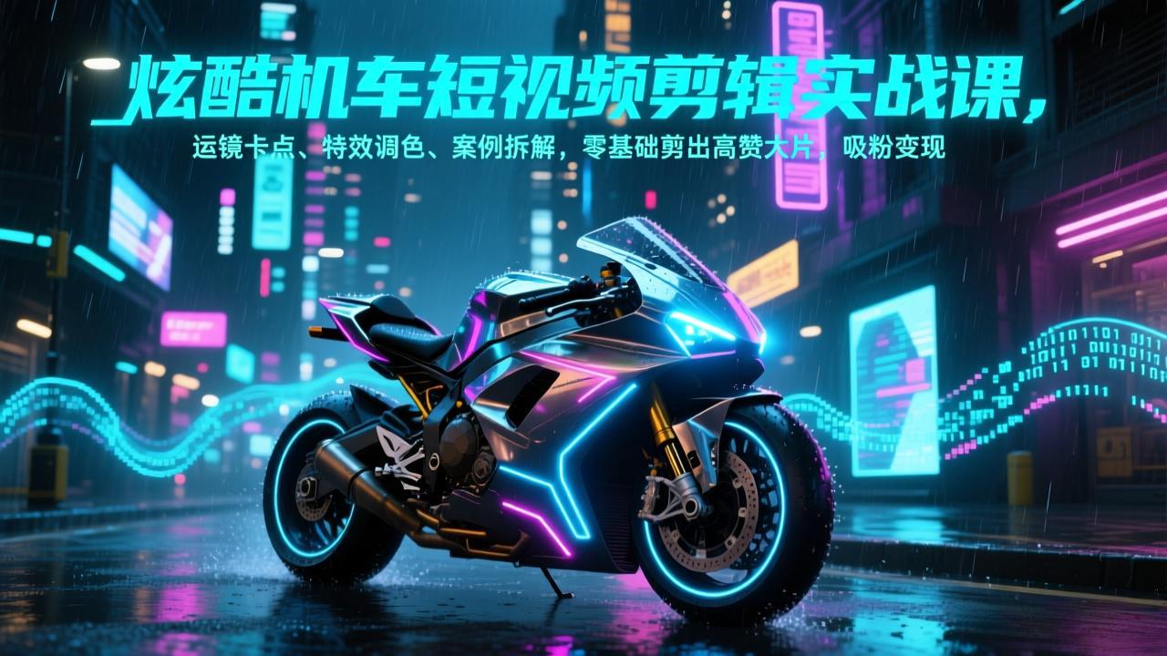 炫酷机车短视频剪辑实战课，运镜卡点、特效调色、案例拆解，零基础剪出高赞大片，吸粉变现-资源后花园
