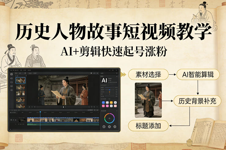 历史人物故事短视频教学，AI+剪辑制作历史人物题材短视频，快速起号涨粉-资源后花园