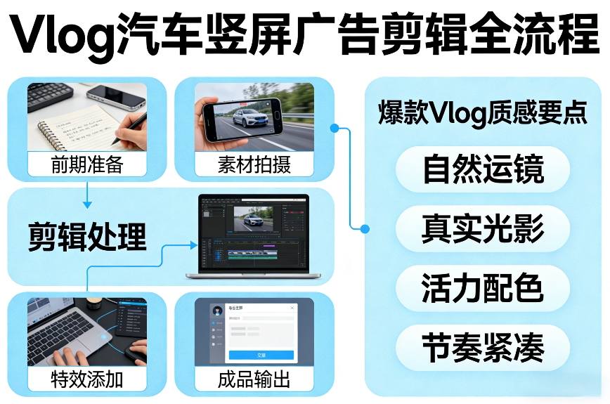 Vlog感觉汽车竖屏广告剪辑脚本全流程，拿捏爆款Vlog质感-资源后花园