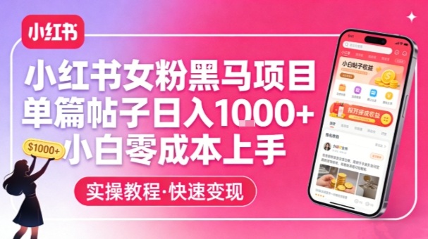 小红书女粉黑马项目，单篇帖子日入1k+，小白零成本上手-资源后花园