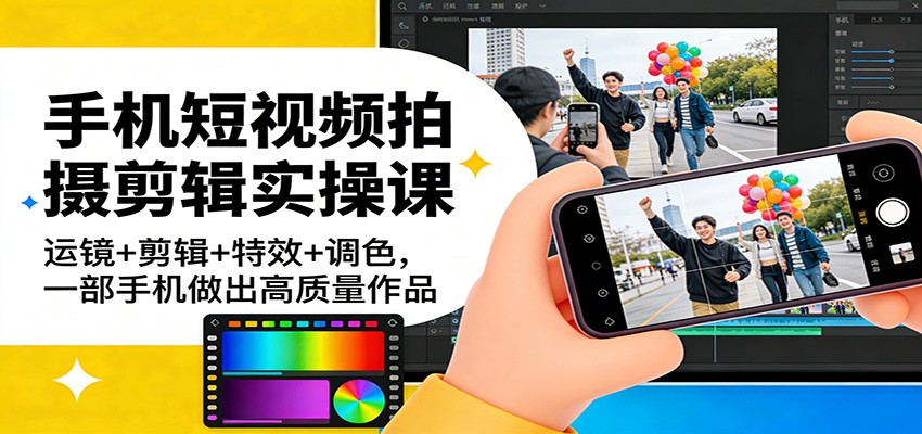 手机短视频拍摄剪辑实操课：运镜+剪辑+特效+调色，一部手机做出高质量作品-资源后花园