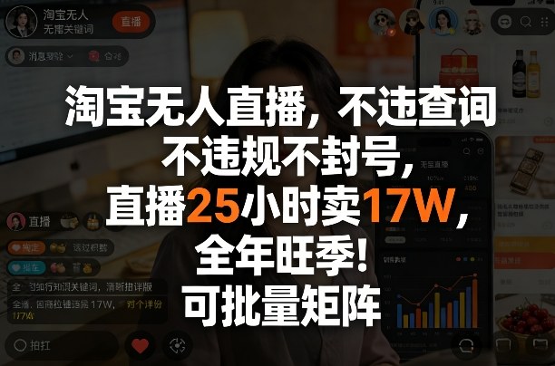 淘宝无人直播，不违规不封号，直播25小时卖17W，全年旺季！可批量矩阵【揭秘】-资源后花园