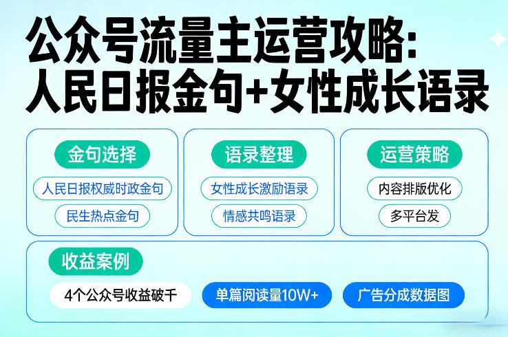 利用人民日报金句+女性成长语录做公众号流量主，4个公众号收益破千-资源后花园