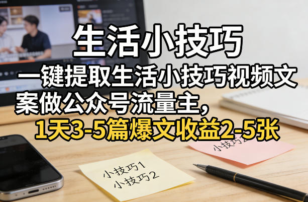 一键提取生活小技巧视频文案做公众号流量主，1天3-5篇爆文收益2-5张-资源后花园