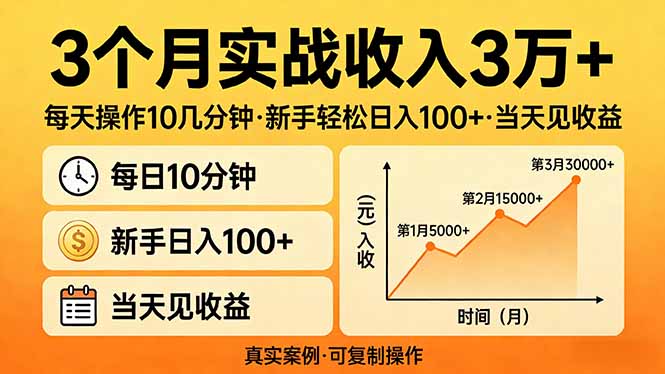 3个月实战收入3万+，每天操作10几分钟，新手轻松日入100+，当天见收益-资源后花园