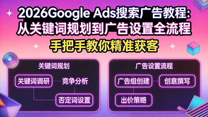 2026Google Ads搜索广告教程：从关键词规划到广告设置全流程，手把手教你精准获客-资源后花园