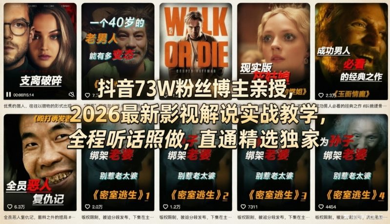 抖音73W粉丝博主亲授，2026最新影视解说实战教学，全程听话照做，直通精选独家-资源后花园
