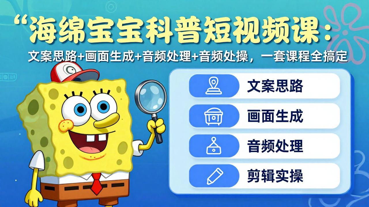 海绵宝宝科普短视频课：文案思路+画面生成+音频处理+剪辑实操，一套课程全搞定-资源后花园