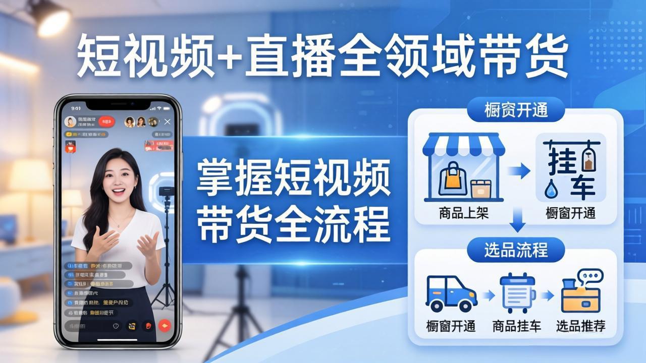 短视频+直播全领域带货：掌握橱窗开通、挂车、选品、爆款文案改编等短视频带货全流程-资源后花园