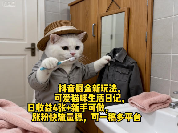 抖音掘金新玩法，可爱猫咪生活日记，日收益4张+新手可做，涨粉快流量稳，可一稿多平台-资源后花园