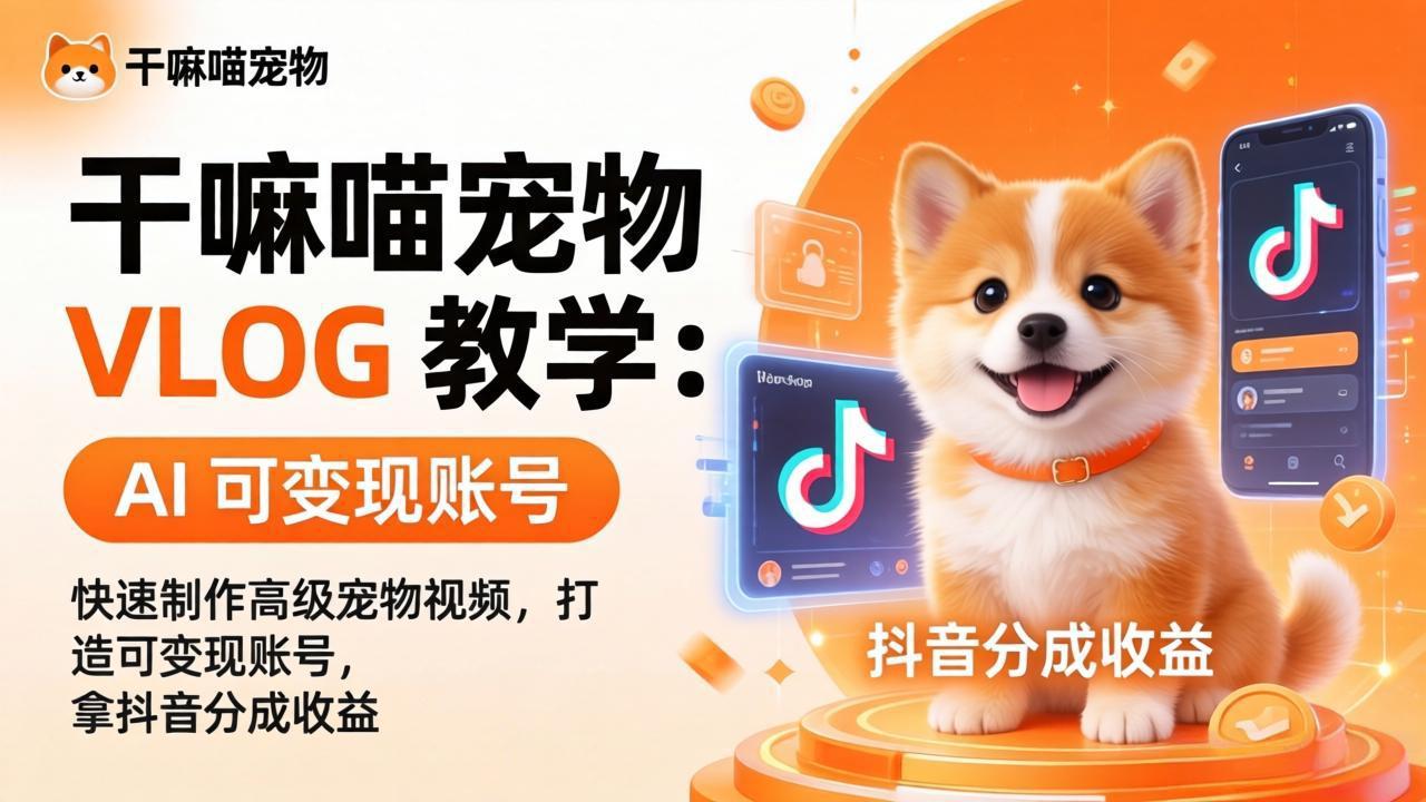 干嘛喵宠物 VLOG 教学：AI 快速制作高级宠物视频，打造可变现账号，拿抖音分成收益-资源后花园