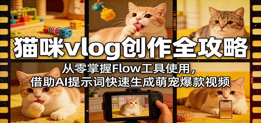 猫咪vlog创作全攻略：从零掌握Flow工具使用，借助AI提示词快速生成萌宠爆款视频-资源后花园