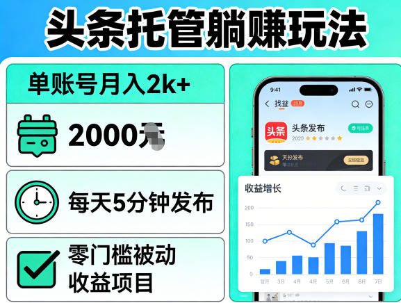 头条托管躺賺玩法，单账号月入2k+，每天5分钟发布即可，零门槛被动收益项目【揭秘】-资源后花园