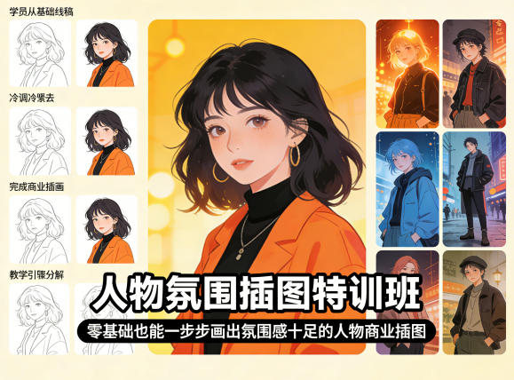 人物氛围插图特训班，零基础也能一步步画出氛围感十足的人物商业插图-资源后花园
