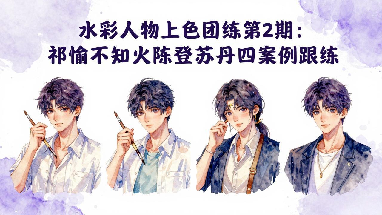 水彩人物上色团练第2期：祁煜不知火陈登苏丹四案例跟练，手把手提升绘画能力-资源后花园