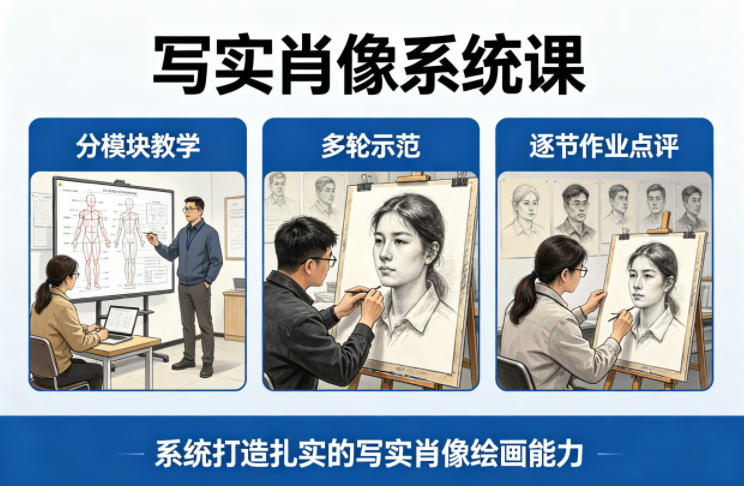 写实肖像系统课，全程分模块教学+多轮示范+逐节作业点评，系统打造扎实的写实肖像绘画能力-资源后花园