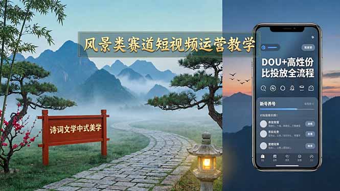 风景类赛道短视频运营教学：诗词文学中式美学，新号养号对标账号定位，DOU+高性价比投放全流程-资源后花园