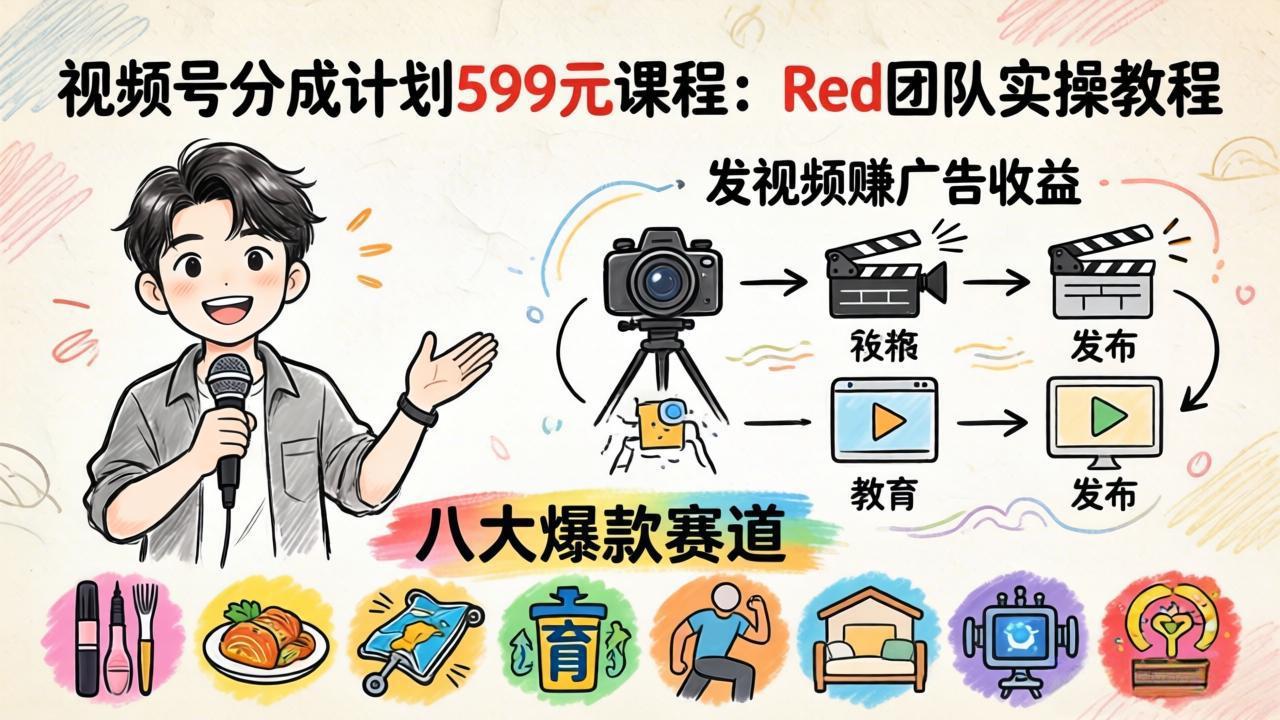 视频号分成计划599元课程：Red团队实操教程，发视频赚广告收益，八大爆款赛道全掌握-资源后花园