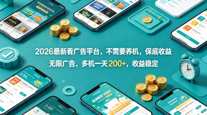 2026最新看广告平台，不需要养机，保底收益，无限广告，多机一天200+，收益稳定【揭秘】-资源后花园