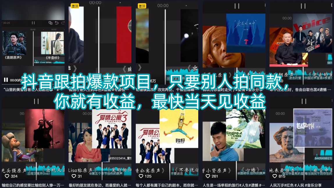 抖音跟拍爆款项目，只要别人拍同款，你就有收益，最快当天见收益-资源后花园