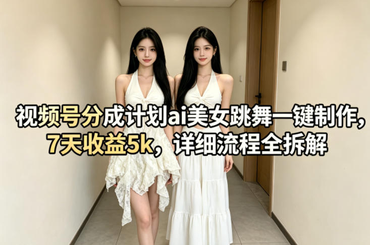 视频号分成计划ai美女跳舞一键制作，7天收益5k，详细流程全拆解-资源后花园