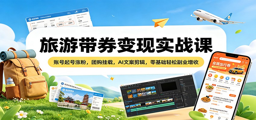 旅游带券变现实战课：账号起号涨粉，团购挂载，AI文案剪辑，零基础轻松副业增收-资源后花园