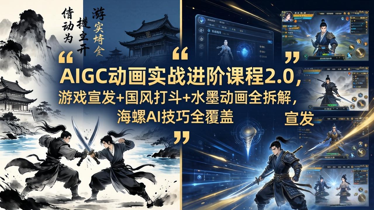 AIGC动画实战进阶课程2.0，游戏宣发+国风打斗+水墨动画全拆解，海螺AI技巧全覆盖-资源后花园