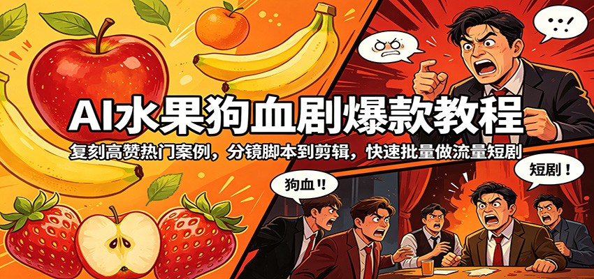 AI水果狗血剧爆款教程：复刻高赞热门案例，分镜脚本到剪辑，快速批量做流量短剧-资源后花园