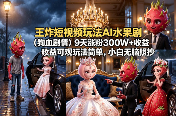 王炸短视频玩法AI水果剧(狗血剧情)9天涨粉300W+收益可观玩法简单，小白无脑照抄，详细拆解玩法-资源后花园