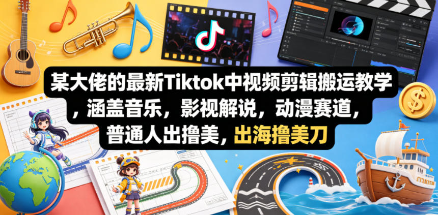 某大佬的最新Tiktok中视频剪辑搬运教学，涵盖音乐，影视解说，动漫赛道，普通人出海撸美刀-资源后花园