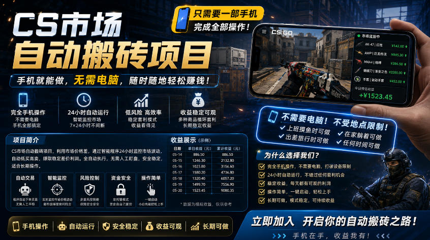 手机即可操作的CS市场自动搬砖系统｜自动监控｜自动下单|日入300+【揭秘】-资源后花园