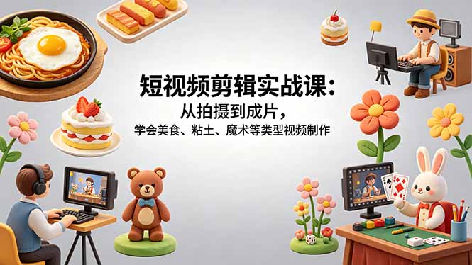 短视频剪辑实战课：从拍摄到成片，学会美食、粘土、魔术等类型视频制作-资源后花园