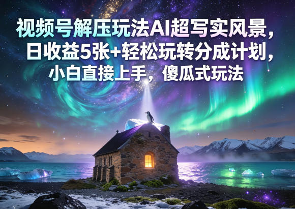 视频号解压玩法AI超写实风景，日收益5张+轻松玩转分成计划，小白直接上手，傻瓜式玩法-资源后花园