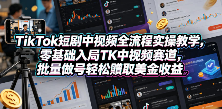 TikTok短剧中视频全流程实操教学，零基础入局TK中视频赛道，批量做号轻松賺取美金收益-资源后花园