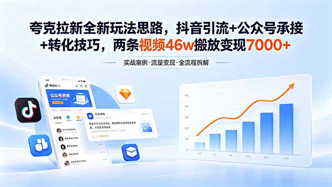 夸克拉新全新玩法思路，抖音引流+公众号承接+转化技巧，两条视频46w搬放 变现7000+-资源后花园