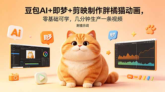 豆包AI+即梦+剪映制作胖橘猫动画，零基础可学，几分钟生产一条视频，附提示词-资源后花园