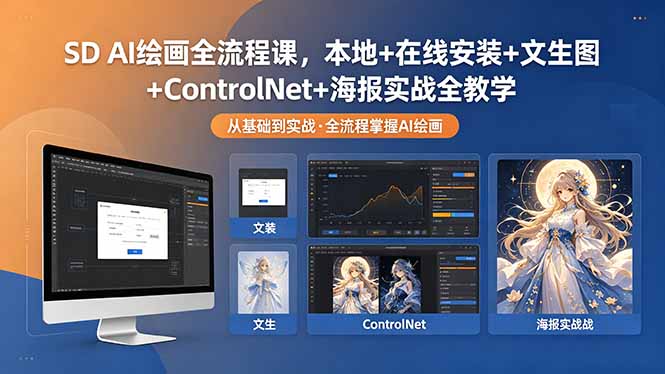 SD AI绘画全流程课，本地+在线安装+文生图+ControlNet+海报实战全教学-资源后花园