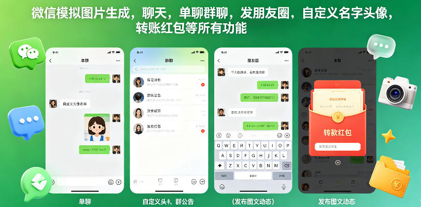 微信模拟图片生成，聊天，单聊群聊，发朋友圈，自定义名字头像，转账红包等所有功能都可以生成-资源后花园