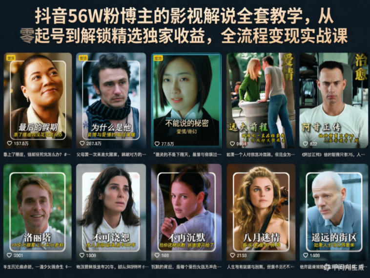 抖音56W粉博主的影视解说全套教学，从零起号到解锁精选独家收益，全流程变现实战课-资源后花园
