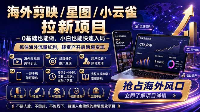 海外剪映 / 星图 / 小云雀拉新项目 普通人也能上手的跨境流量变现副业-资源后花园