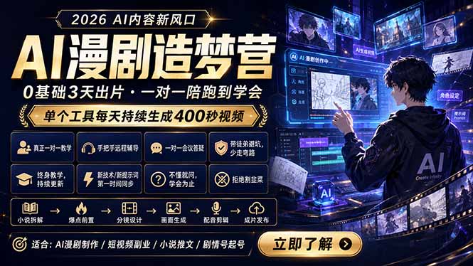 AI漫剧造梦营：0基础3天出片，单个工具每天持续生成400秒视频-资源后花园