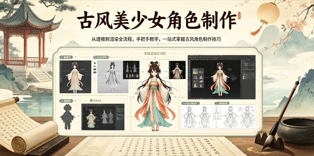 古风美少女角色制作，从建模到渲染全流程，手把手教学，一站式掌握古风角色制作技巧-资源后花园