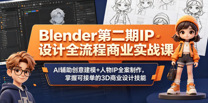 Blender第二期IP设计全流程商业实战课，AI辅助创意建模+人物IP全案制作，掌握可接单的3D商业设计技能-资源后花园
