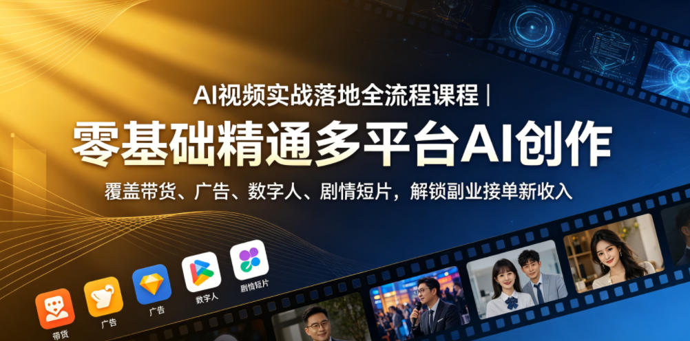 AI视频实战落地全流程课程｜零基础精通多平台AI创作，覆盖带货、广告、数字人、剧情短片，解锁副业接单新收入-资源后花园