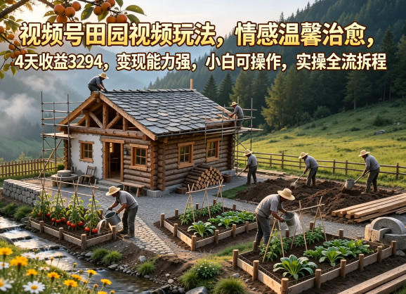 视频号田园视频玩法，情感温馨治愈，4天收益3294，变现能力强，小白可操作，实操全流程拆解-资源后花园